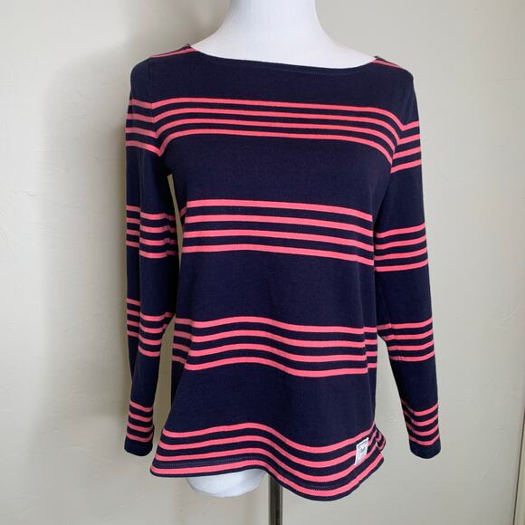 Talbots Navy Blue Pink Striped Boat Neck Knit Top Sz Small Petite - Picture 1 of 8